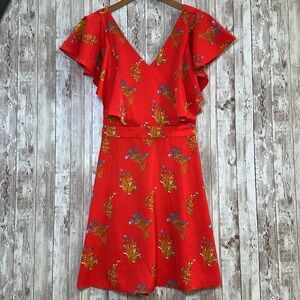 Chelsea28 Womens Fit Flare Red Floral Dress Twist Back V-Neck sz Medium Satin